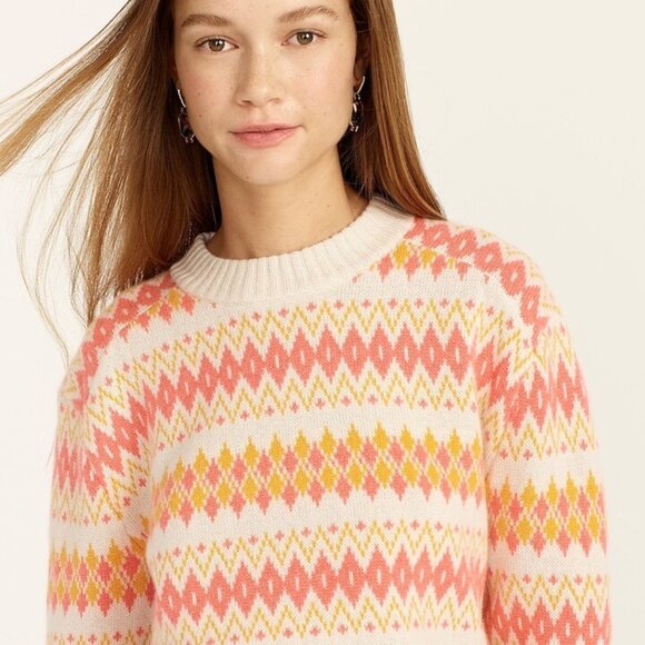 NWT J.Crew Cashmere Fair Isle Crewneck Sweater in Heather Muslin Coral S - Picture 4 of 4